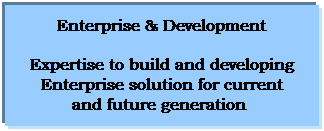 Text Box: Enterprise & Development
Expertise to build and developing Enterprise solution for current and future generation  
- Keerson Sancho Director and Fouder Enterprise Archtect and Developer
 
